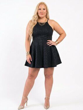 Black Floral Lace Square Neckline Criss-Cross Open Back Flare Mini Dress – Plus